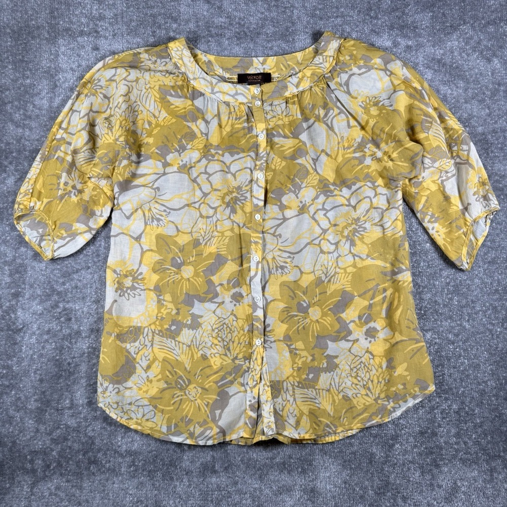 Victor Alfaro Top Women's 12 Yellow Floral Silk Cotton Blend Sheer Lightweight